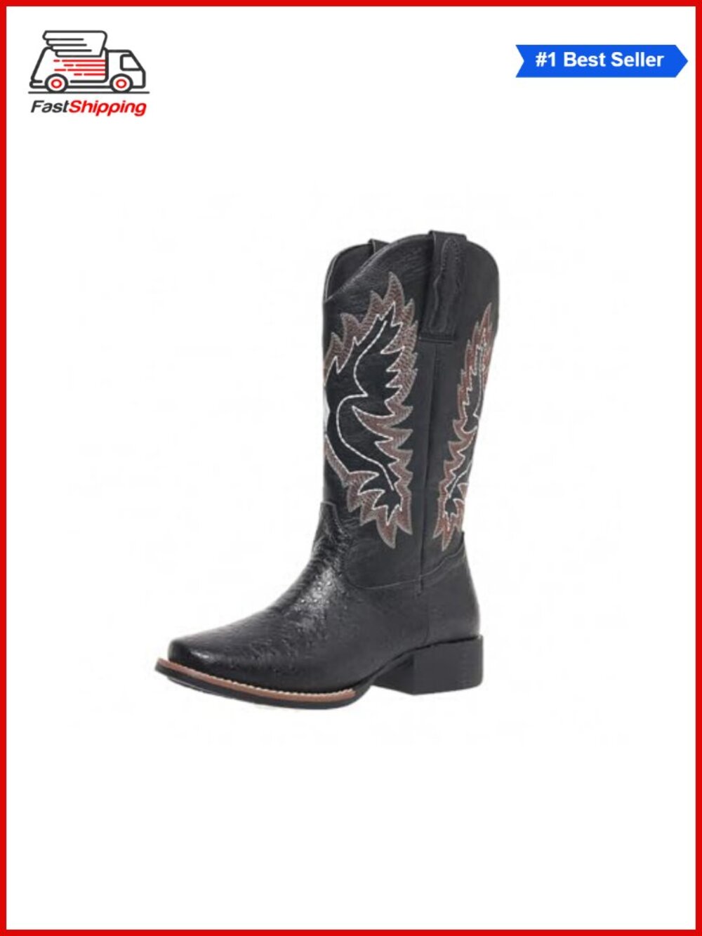✨ Wide Calf Western Cowboy Boots Faux Leather Embroidery Square Toe Mid-Calf